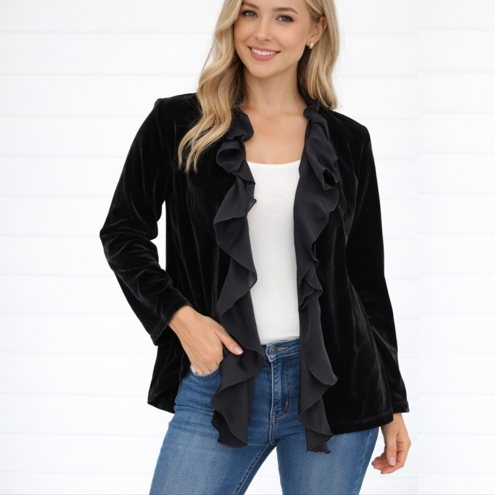 Chico’s Travelers Collection Velvet Ruffle Open Front Cardigan Size 1 (M/L)